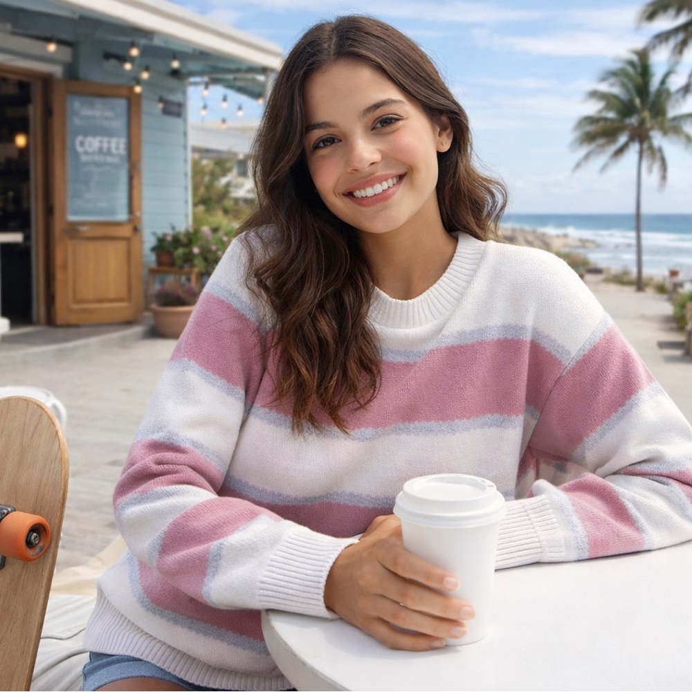 Vans Comfy Pink & White Striped Crew Neck Sweater Skater Casual Everyday Wear XS